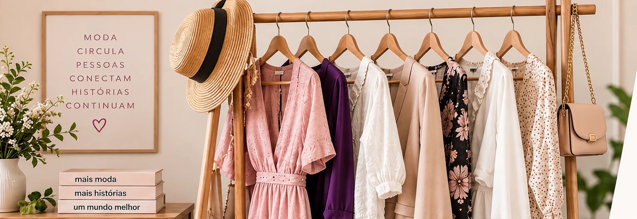 Arara com roupas em tons suaves, chapéu e quadro decorativo